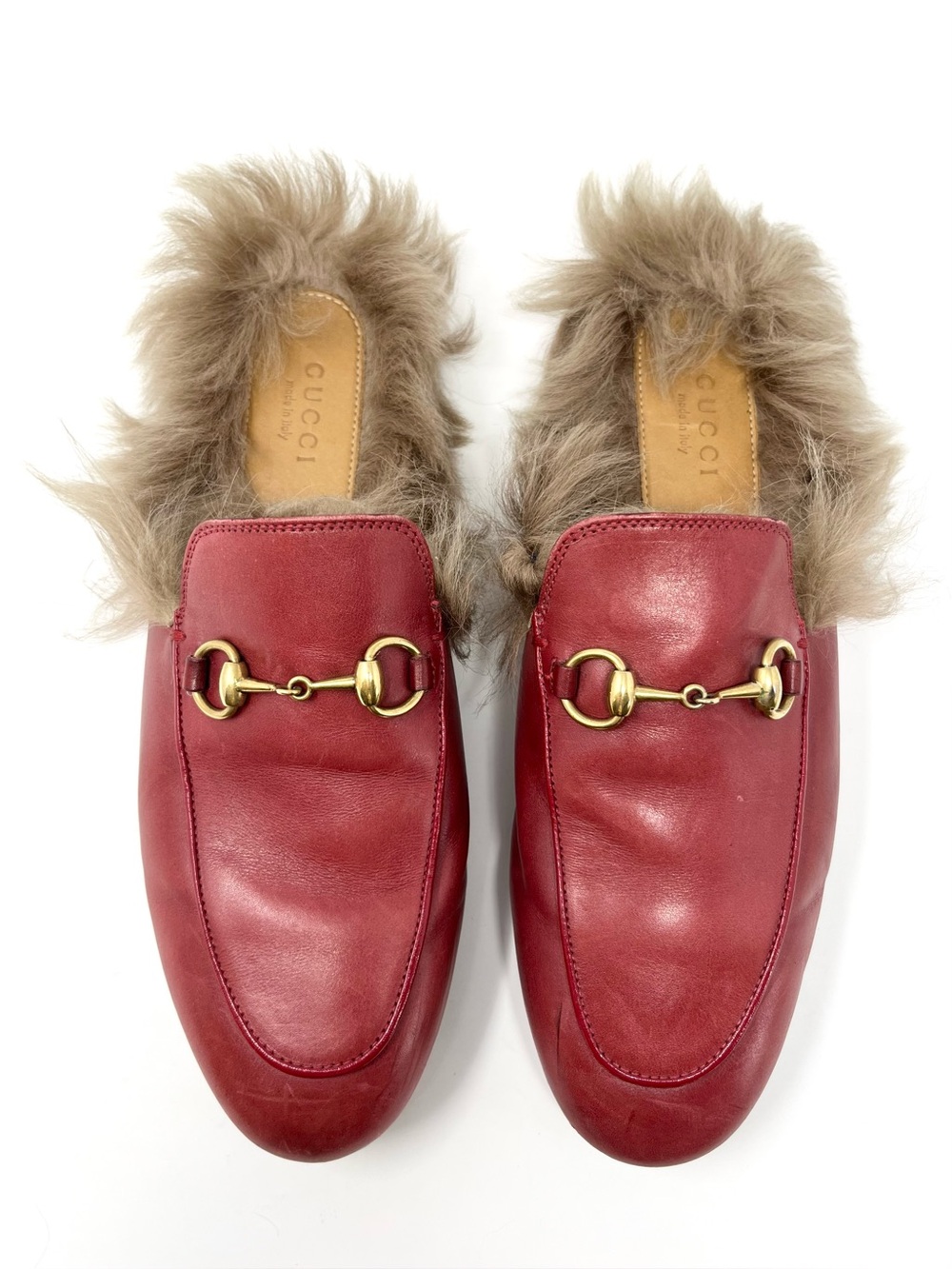 Gucci Princetown Red Leather Horsebit Mules Loafers Slippers Slides With Fur 37 - Picture 10 of 10